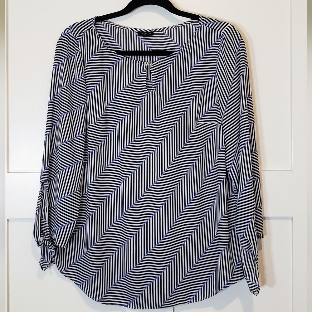 Talbots Herringbone Stripe Black White & Blue Tunic Size Medium